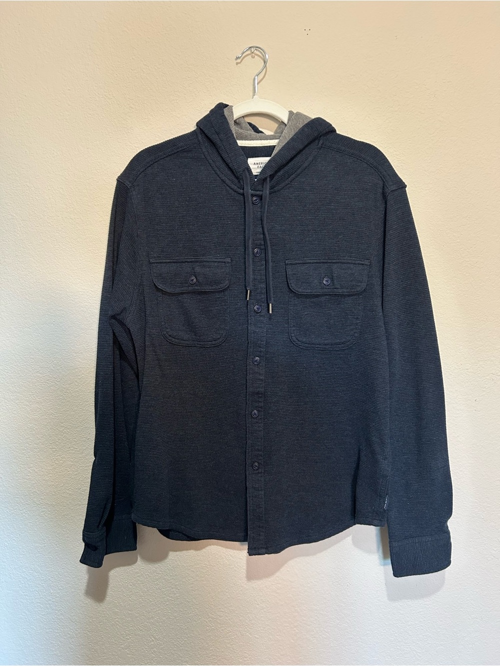 American Eagle Dark Navy Hooded Button-Front Shirt Jacket